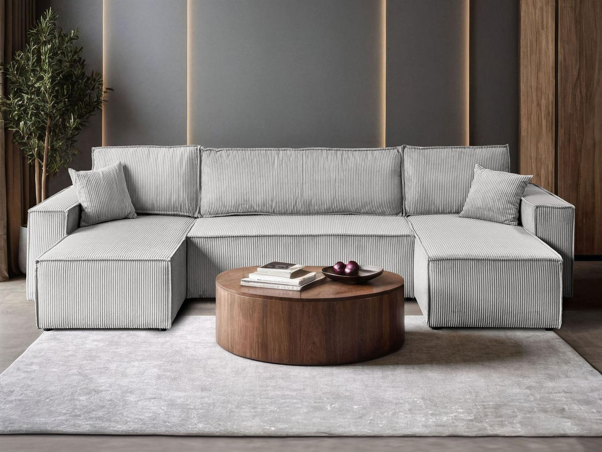 WOHNLANDSCHAFT Gepolstertes CARLO U Cord mit Schlaffunktion und Bettkasten, Poso 110 - Hellgrau, Textil (315/83/143cm) - Lookway
