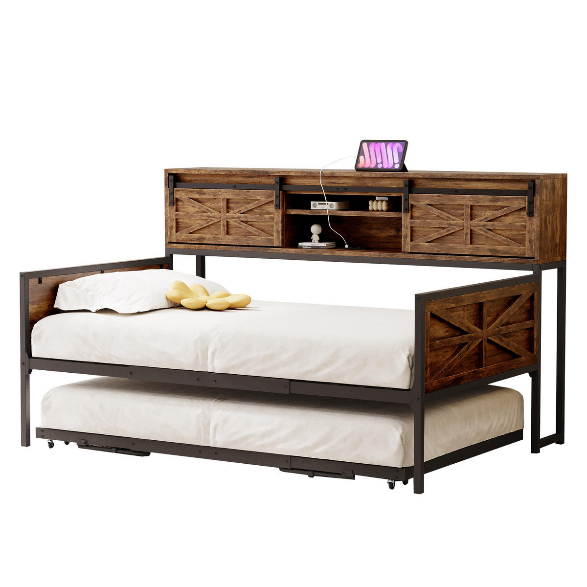 BETT Eisen 90/200 cm mit multifunktionalen Steckdosen und Stauraum Schwarz + Braun - Hellbraun, Holz (90/200cm) - OKWISH