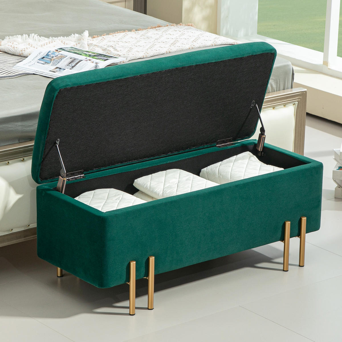 GEPOLSTERTE Sitzbank mit Stauraum, Metall, Kautschukholz, Schaumstoff Grün - Grün, Textil (40/42/100cm) - HOMCOM