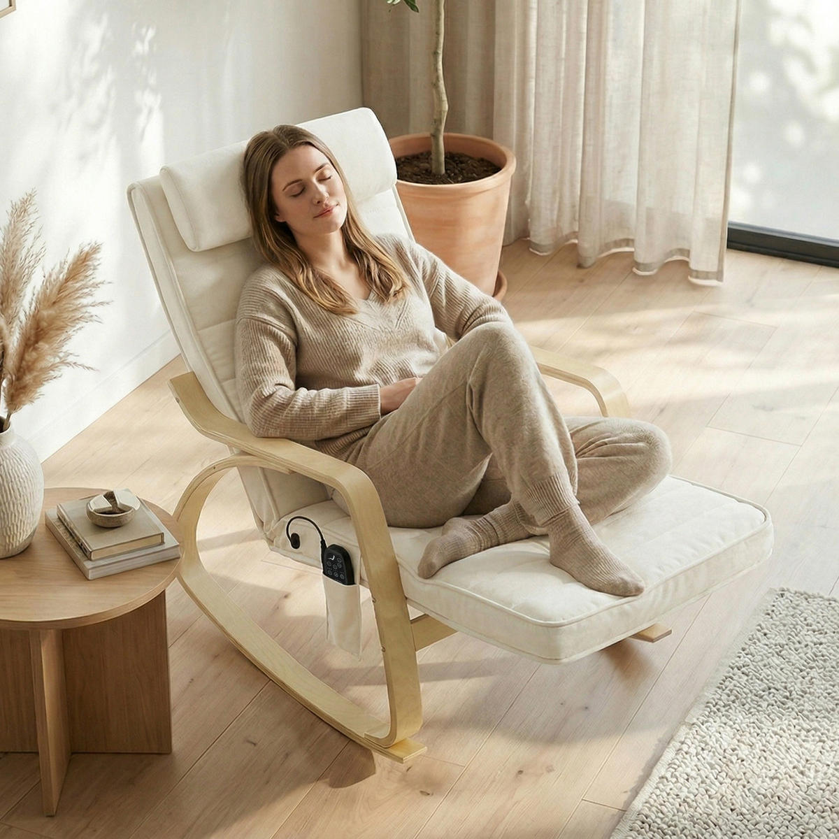 SCHAUKELSTUHL DE-07601 mit Massage, Heizung und verstellbarer Kopf- & Fußstütze Cremeweiß - Creme, Textil (67/92/106cm) - ComfortXL
