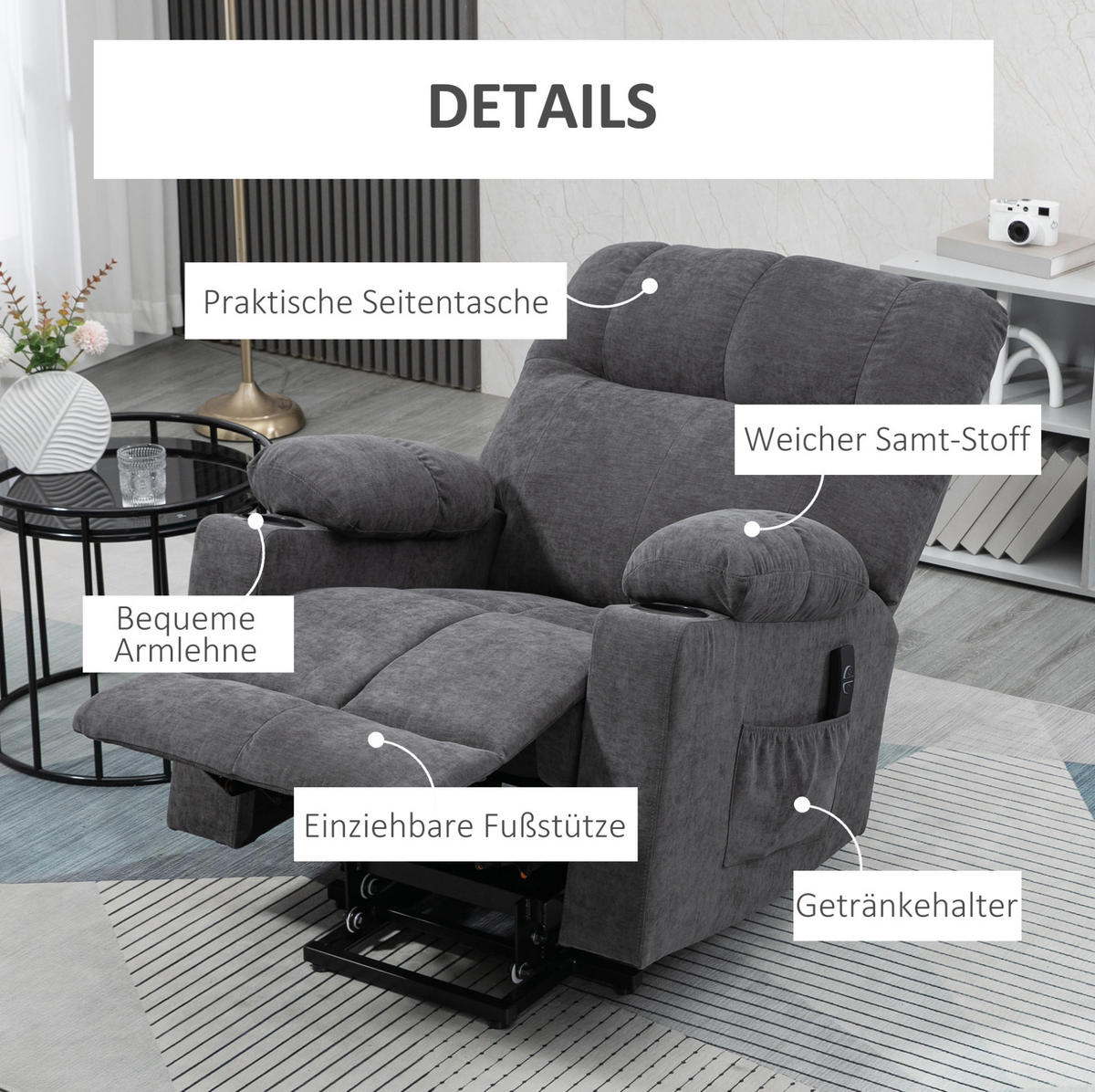 ELEKTRISCHER Relaxsessel in Dunkelgrau 95x91x109 cm mit Aufstehhilfe, Massage und Wärmefunktion - Dunkelgrau, Textil (91/109/95cm) - IVMEU