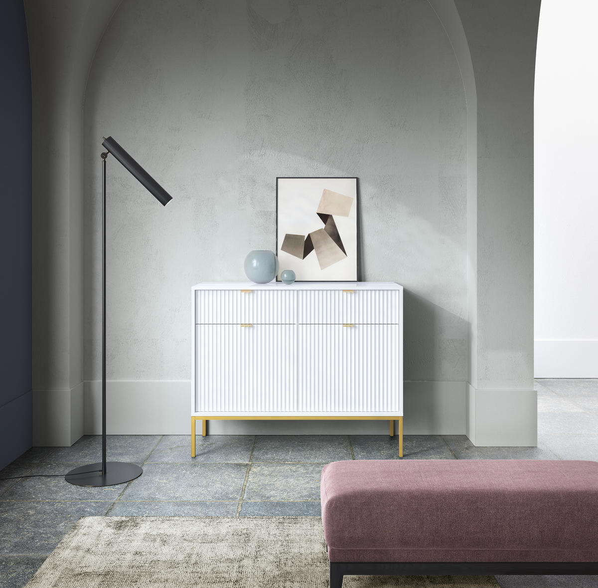 KOMMODE NOVA, Geriffelte Front, 2-Türen, 2-Schubladen 104x39x83 cm, Weiß - Goldfarben/Weiß, Holzwerkstoff/Kunststoff (104/83/39cm) - DomoHome