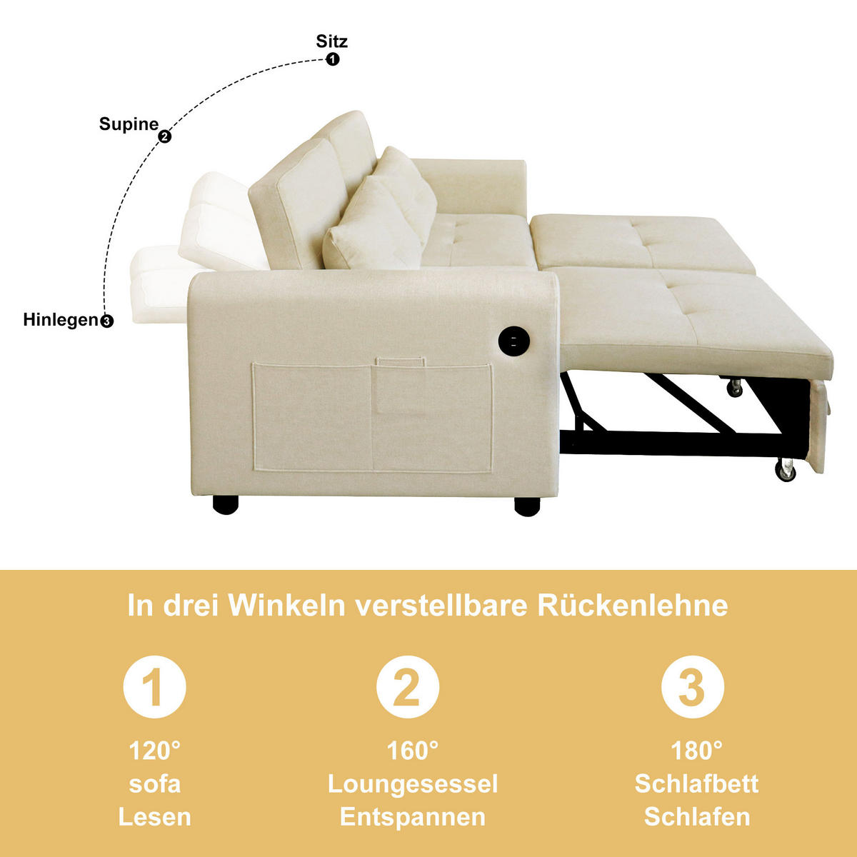 SCHLAFSOFA 3-in-1 Baumwoll-Leinen ausziehbar mit Rückenlehne 120/160/180 Grad Beige 142/85/83 cm - Beige, Textil (85/83/142cm) - Redom