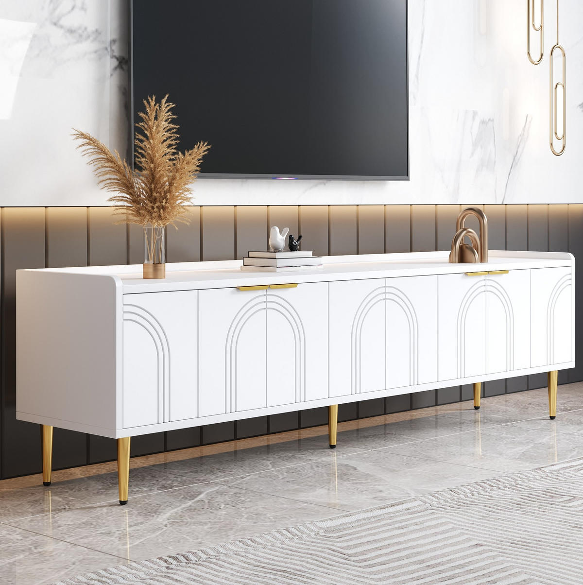 TV-SCHRANK in Weiß mit 3D-Türen und goldfarbenen Griffen 170/35/47.5 cm - Weiß, Holzwerkstoff (170/47.5/35cm) - Redom