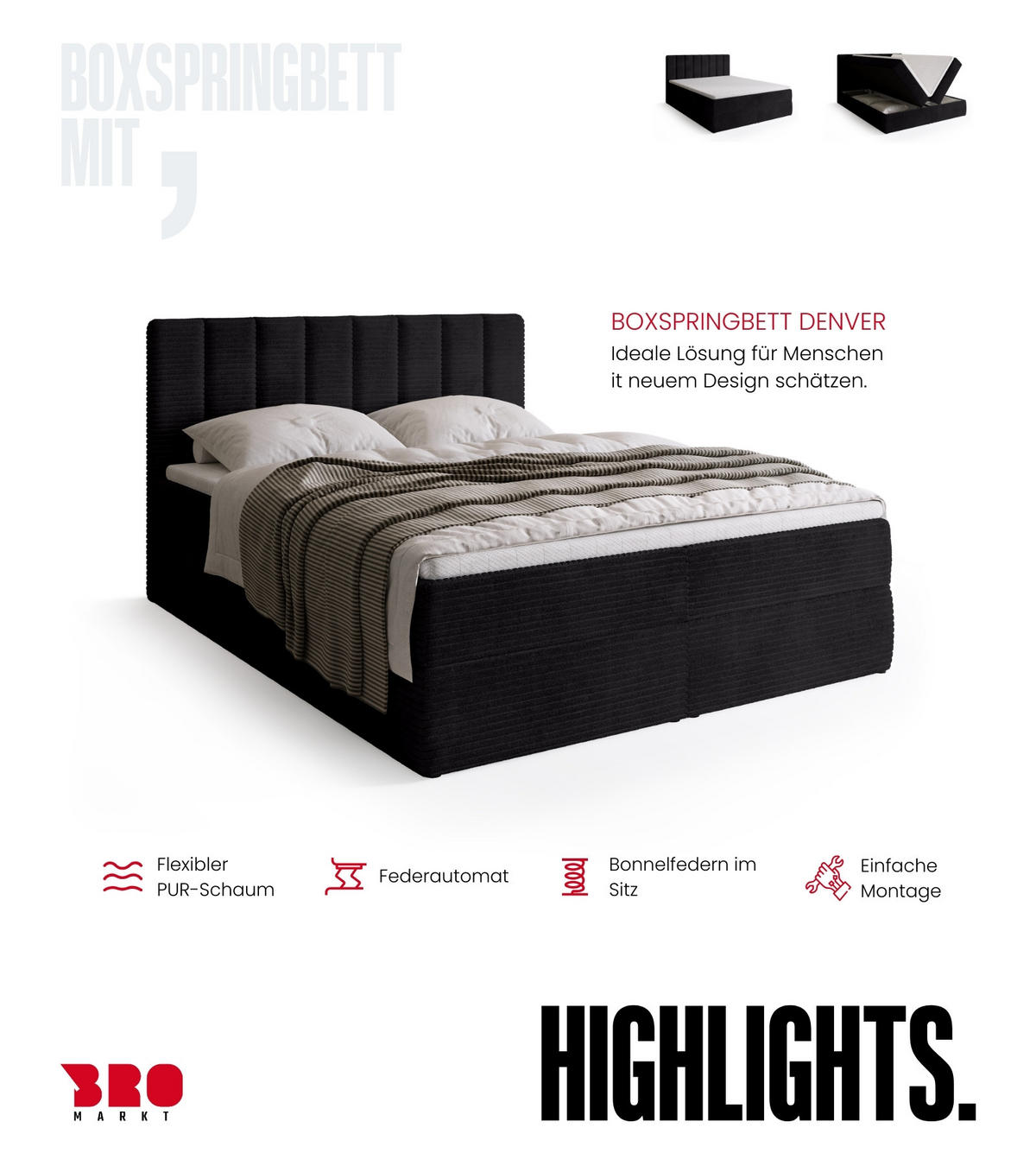 BOXBETT DENVER mit Topper 140x200 Schwarz - Schwarz, Textil (140/200cm) - Bromarkt