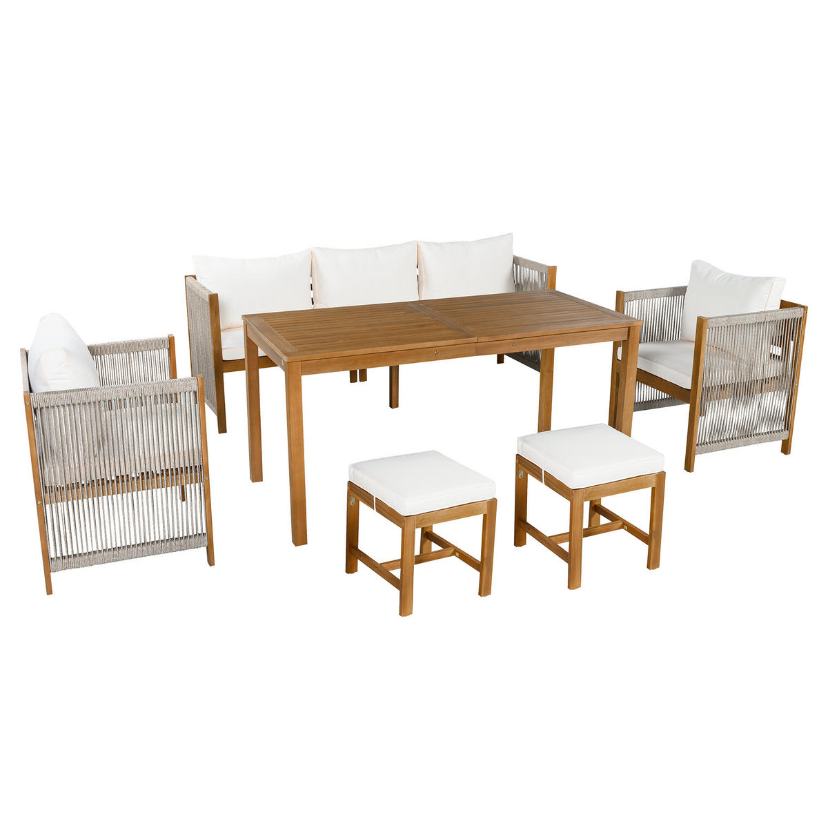 GARTENMÖBEL-SET 195/57/71 cm beige aus Polyester mit Akazienholz-Tischplatte für 7 Personen - Beige, Metall - OKWISH