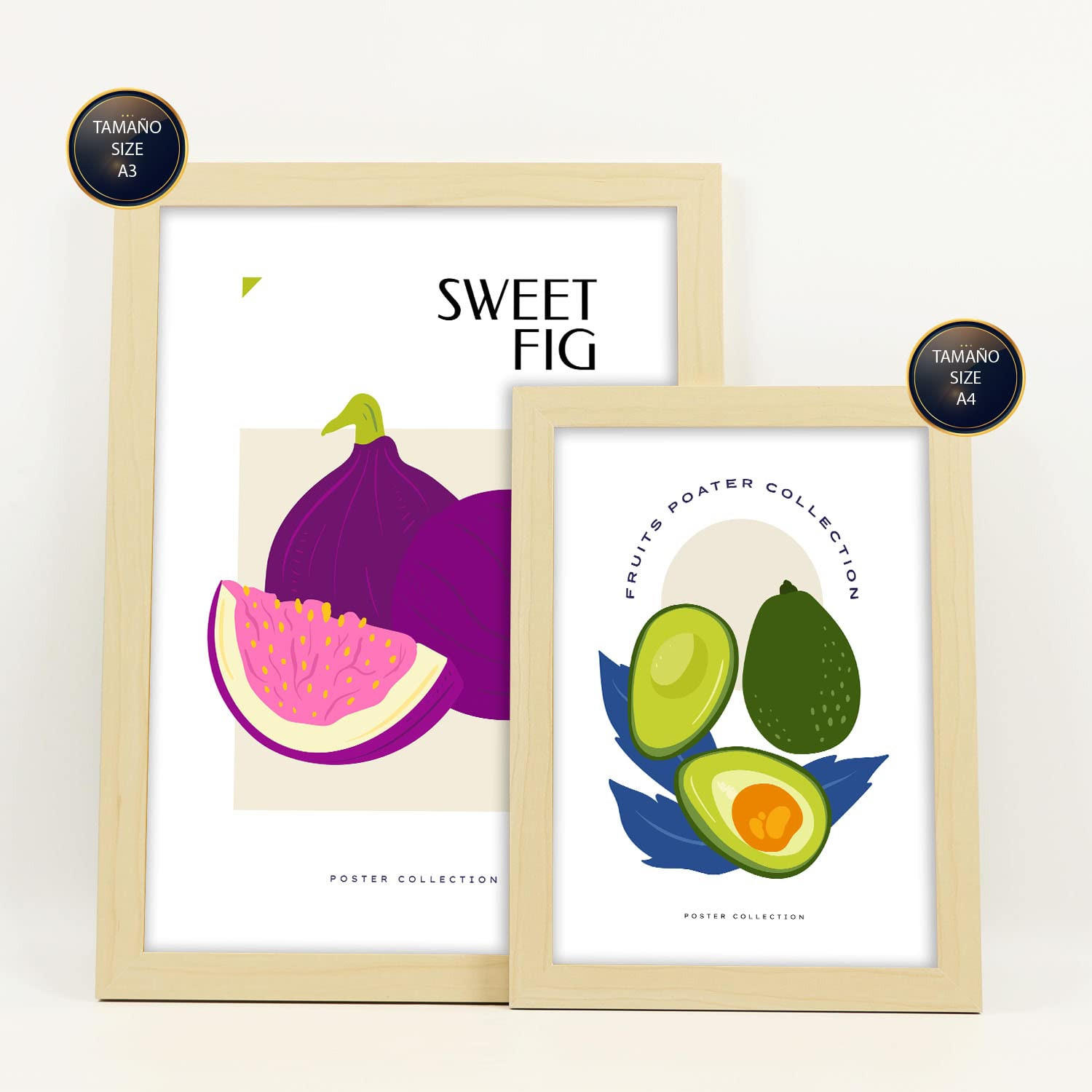 POSTER Set Mit 6 Lebensmittel Und Ernährungs Obst Collage Natur Und Ernährungs Für Innenarchitektur A3 & A4 Rahmen Aus Hellem Holz - Beige, Papier (29/3cm) - Nacnic