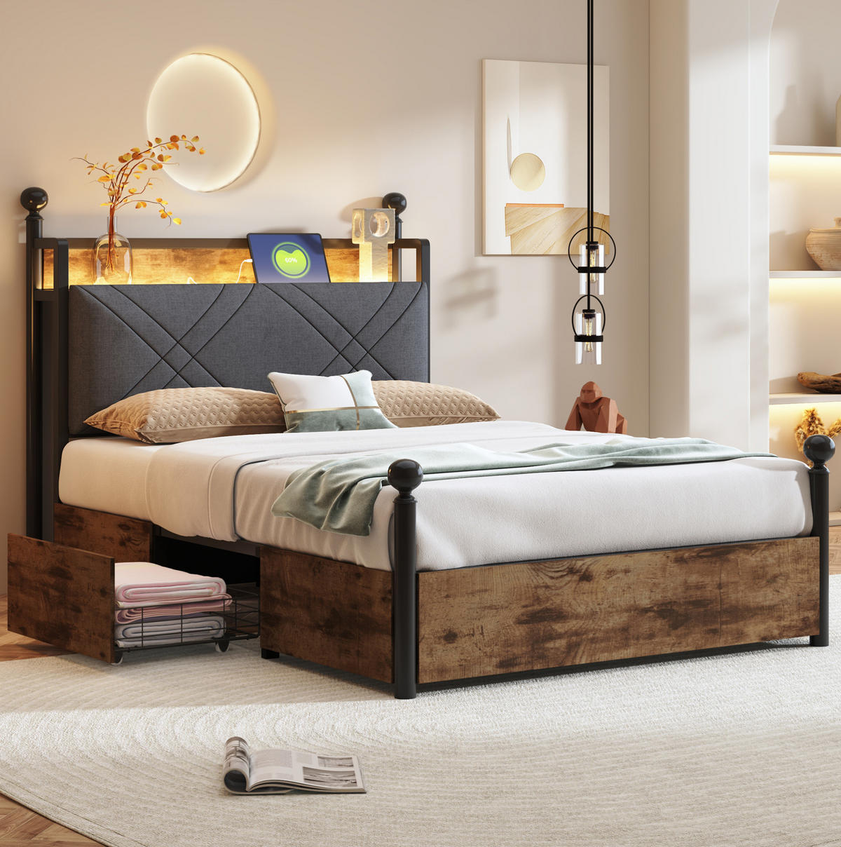 HIMMELBETT aus Metall 90x190 cm Schwarz mit LED, USB-/Typ-C-Anschlüssen und 2 Stauraumkörben - Schwarz, Metall (90/190cm) - Modfu