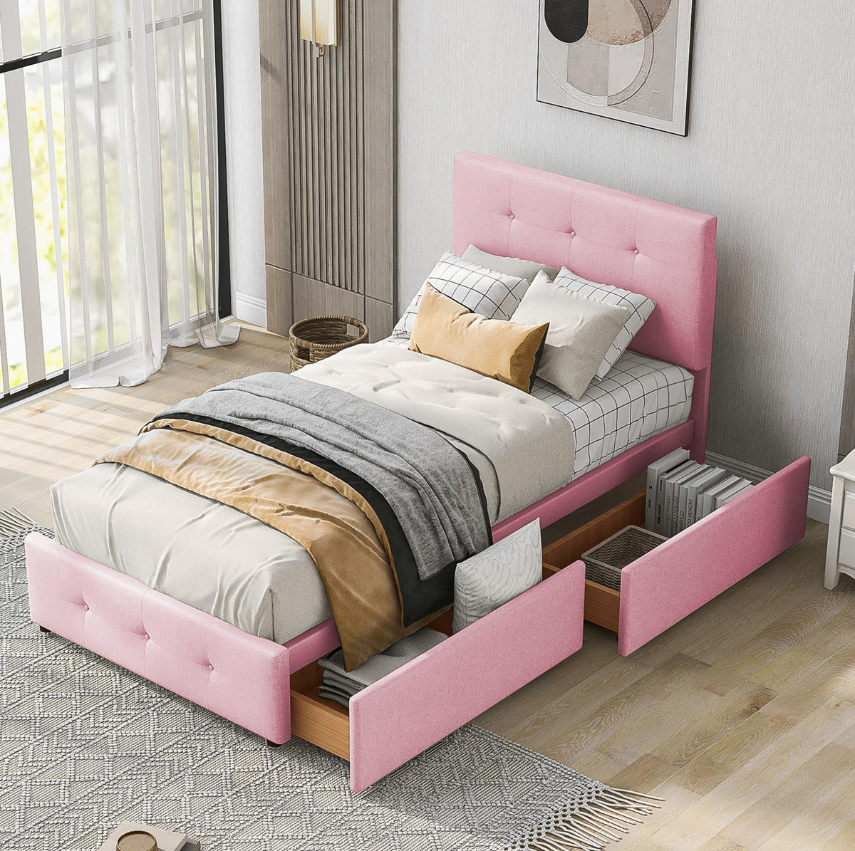 KINDERBETT Polsterbett 90/200 cm aus Samt mit Lattenrost und Schublade Rosa - Pink, Textil (90/200cm) - Modenvie