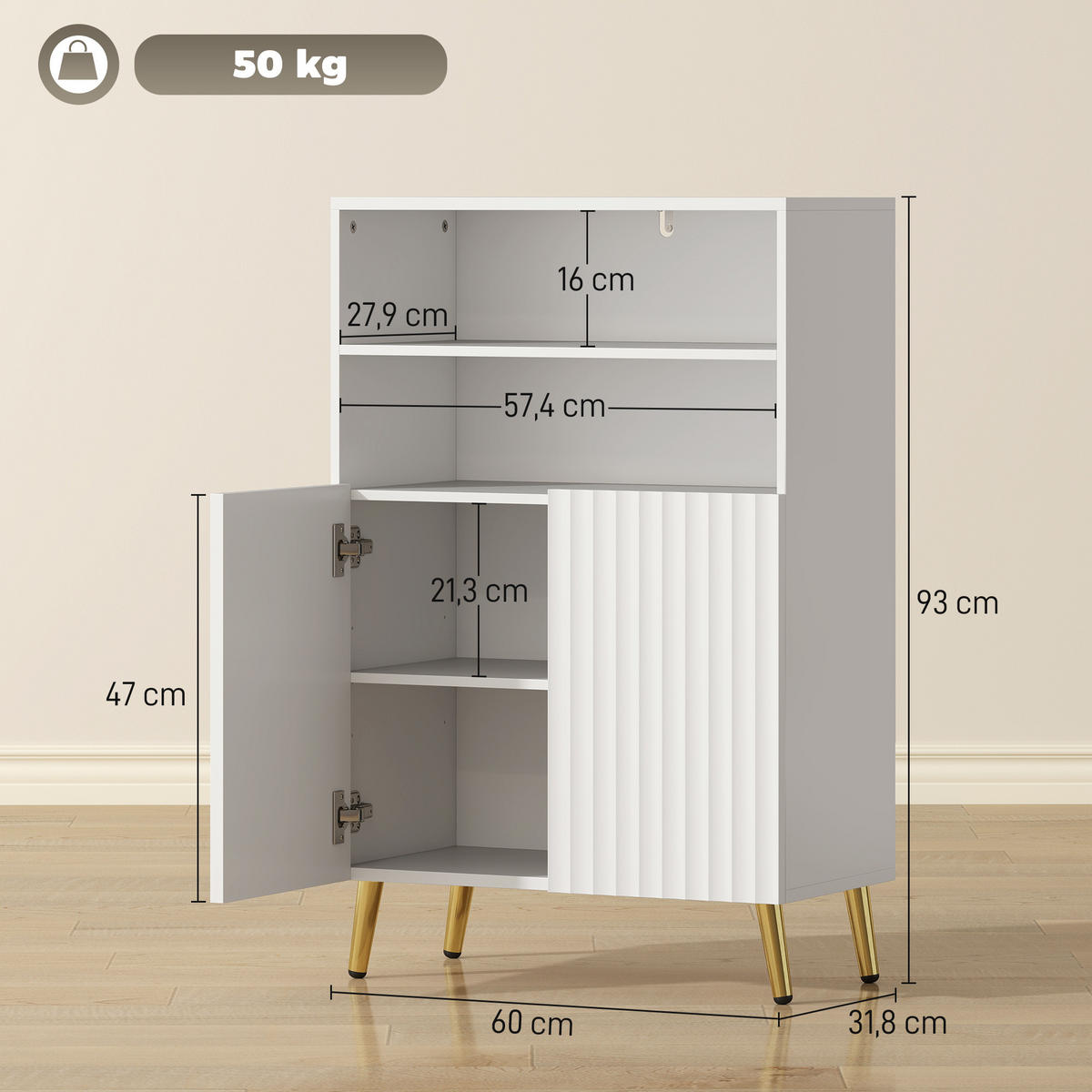 BADEZIMMERSCHRANK schmal mit 2 Soft-Close-Türen für Badezimmer Weiß - Goldfarben/Weiß, Holzwerkstoff/Metall (31.8/93/60cm) - HOMCOM