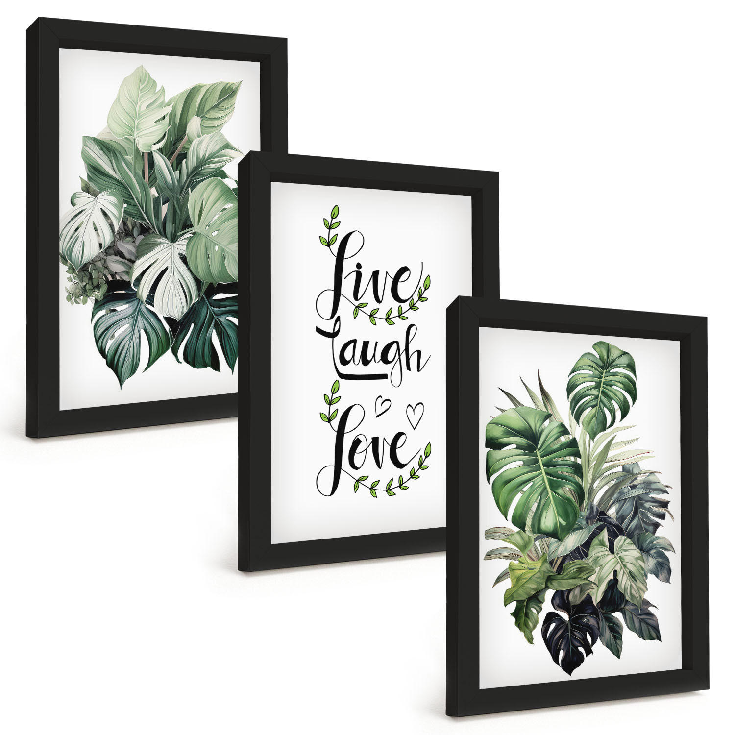 BILDER SET 3er Set - 20x30 cm Schwarzer Rahmen - Blattpflanzen leben, lachen, lieben - Schwarz, Kunststoff (20/30cm) - TULUP