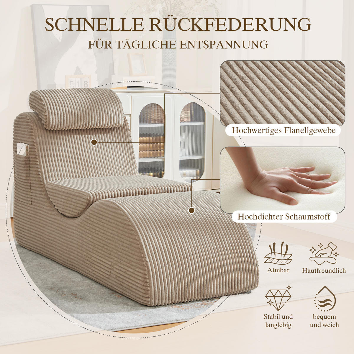 LOUNGE-SESSEL, ergonomisch, khakifarben - Gelb, Textil (66/90/160cm) - Vallsero