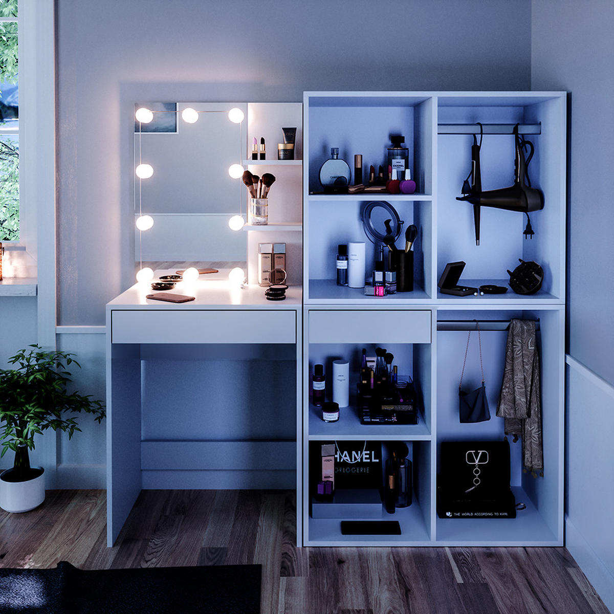 SCHMINKTISCH Isabelle Weiß 60 cm mit LED Beleuchtung und Schränken - Weiß, Holzwerkstoff (60/140/40cm) - Vicco
