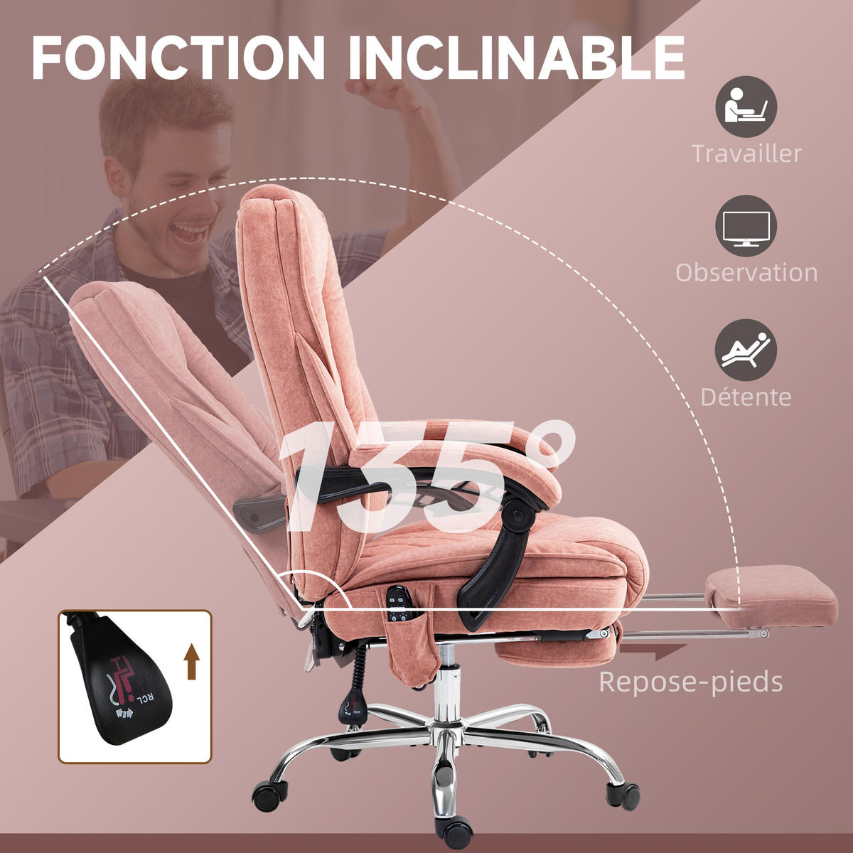 CHEFSESSEL DE-11726 mit Massage- & Heizfunktion Rosé - Pink, Textil (72/119/67cm) - ComfortXL