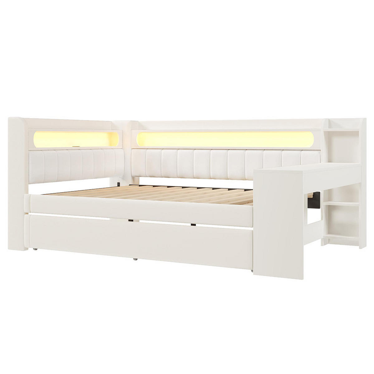 POLSTERBETT 140x200 cm mit Ausziehbett, Weiß - Weiß, Holz (140/200cm) - KOMHTOM