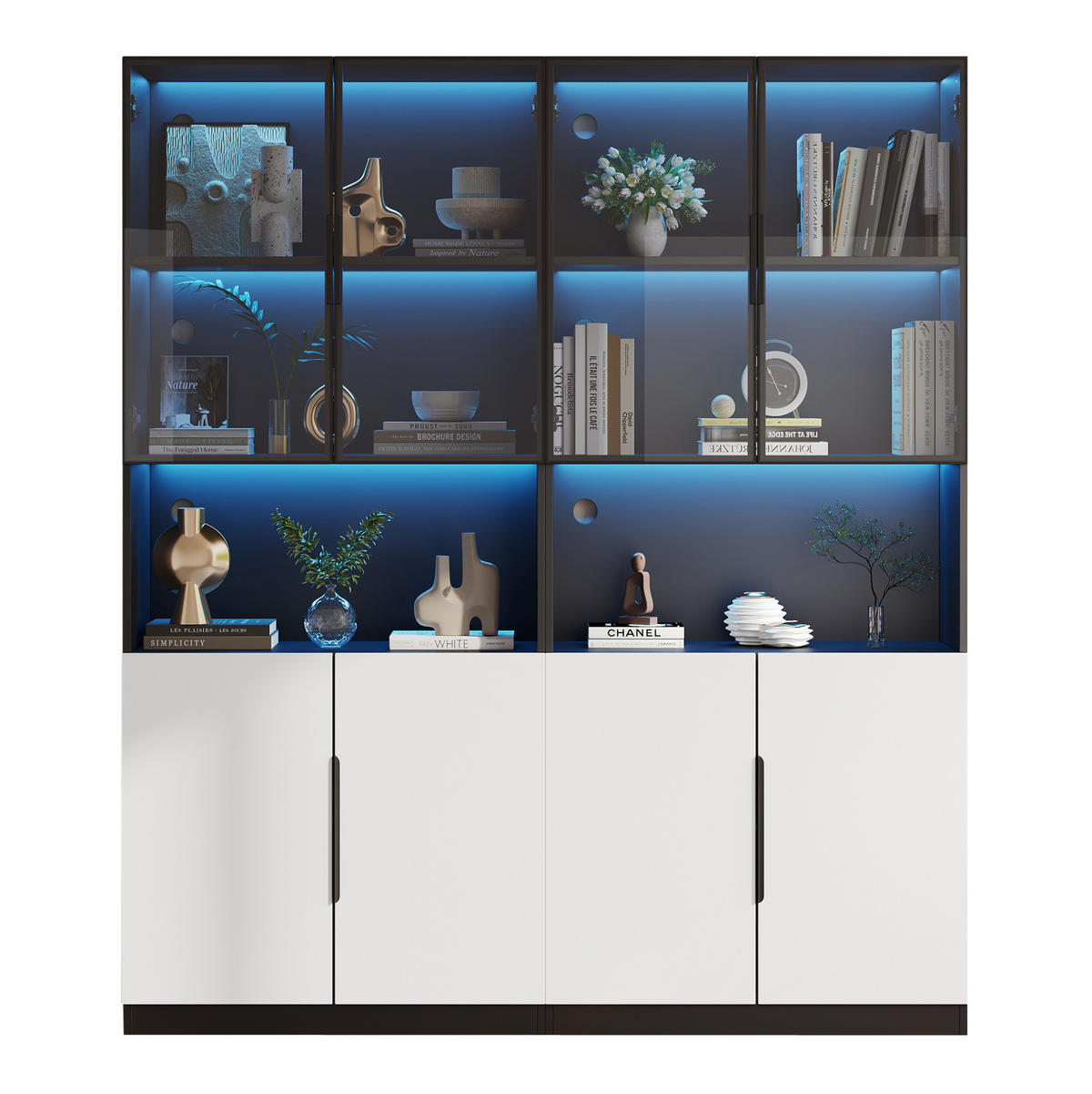VITRINE 160/30/200 cm in Weiß mit Glastüren und LED-Beleuchtung - Weiß, Holzwerkstoff (30/200/160cm) - Flora Grace