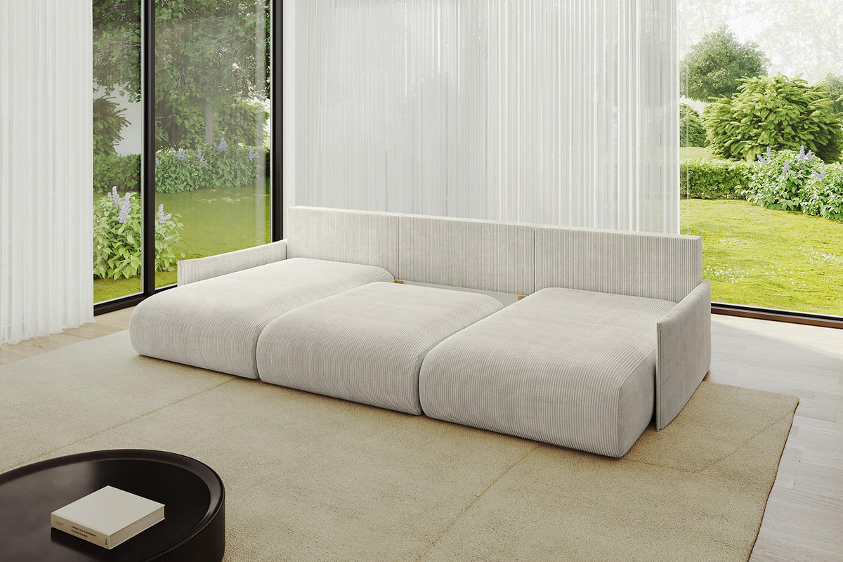 WOHNLANDSCHAFT mit Schlaffunktion und Bettkasten ONESK-U-v1 304x165x40 Hellgrau Cord - Hellgrau, Holzwerkstoff/Kunststoff (304/90/165cm) - ALTDECOR