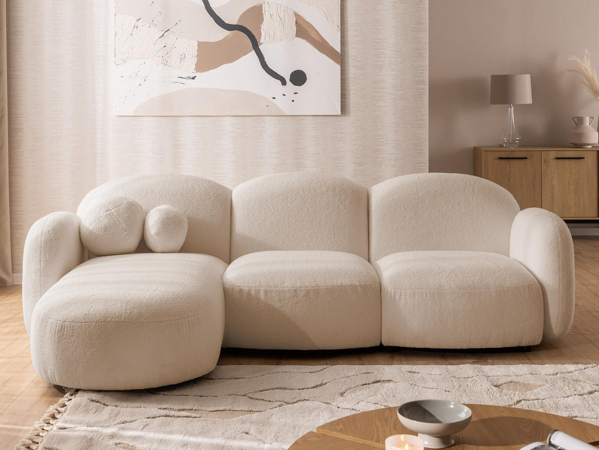 ECKSOFA Nuvola mit abgerundetem Design Hellbeige Bouclé-Stoff - Ottomane Links - Beige/Schwarz, Holz/Kunststoff (268/146cm) - S-Style Möbel