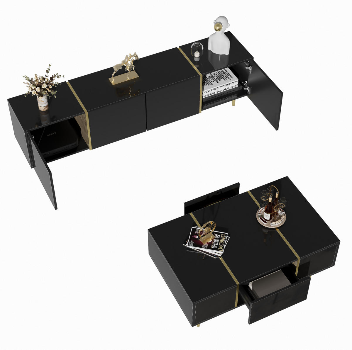 TV-ELEMENT mit Couchtisch - Kombination 2er-Set Schwarz mit Goldakzenten - Schwarz, Holzwerkstoff (170/46/35cm) - OKWISH