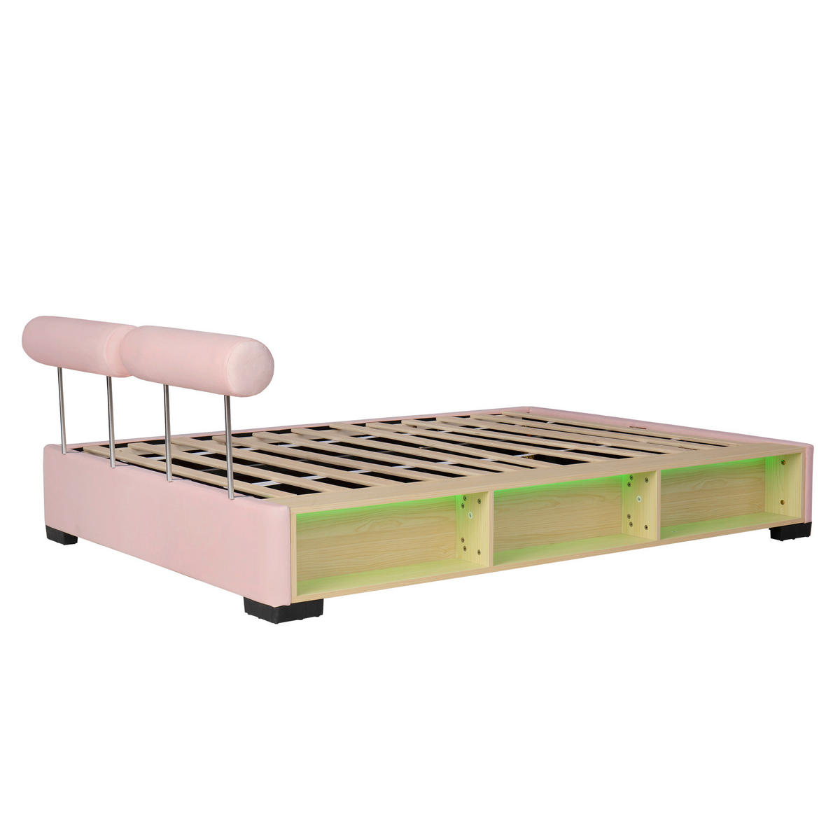 POLSTERBETT 140/200 cm in Rosa mit LED, offenem Stauraum und flexiblen Kopfstützen aus Samt, niedriges Design - Schwarz/Rosa, Holzwerkstoff/Textil - STILVORA