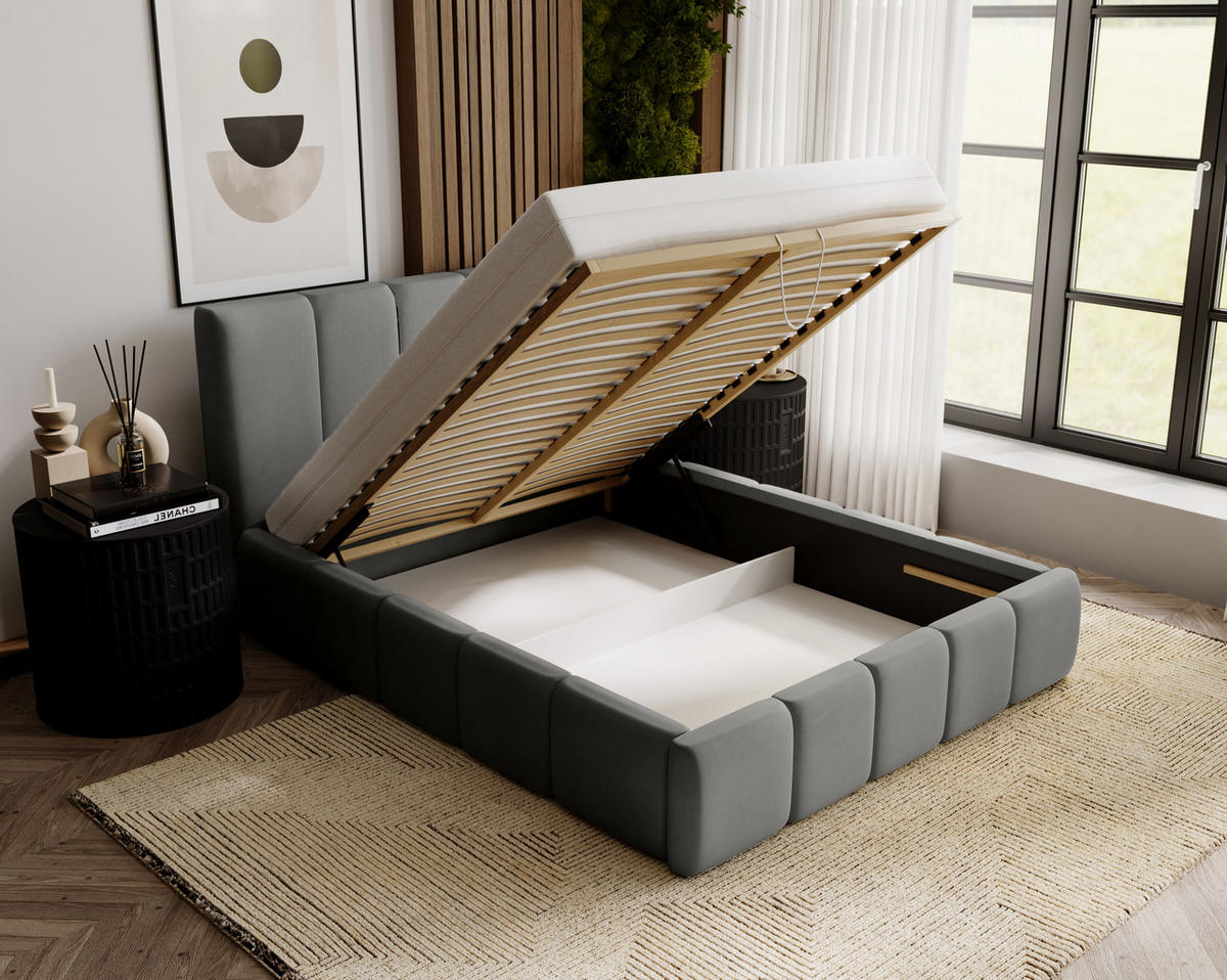 POLSTERBETT mit Kopfstütze Buchel 160x200 cm, Grau - Grau, Textil (160/200cm) - Fedve