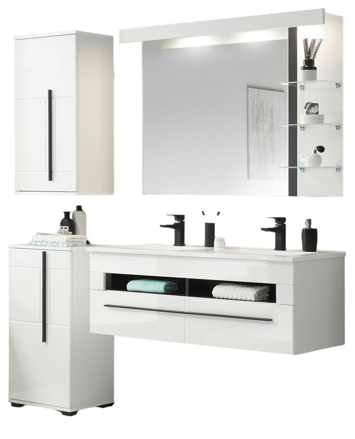 BADMÖBEL-SET weiß Hochglanz schwarz, Badkombination MIT Doppelwaschbecken LED Beleuchtung, 175 x 200 cm - Weiß Hochglanz/Schwarz, Holzwerkstoff/Kunststoff (175/200/45cm) - Furn.Design