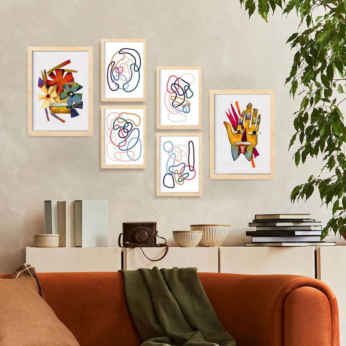 POSTER Set Mit 6 Handte Kunst In Blume Zusammenfassung Ästhetische Dekorative Gemälde Für Ihr Wohnzimmer Zuhause A3 & A4 Rahmen Aus Hellem Holz - Beige, Papier (29/3cm) - Nacnic