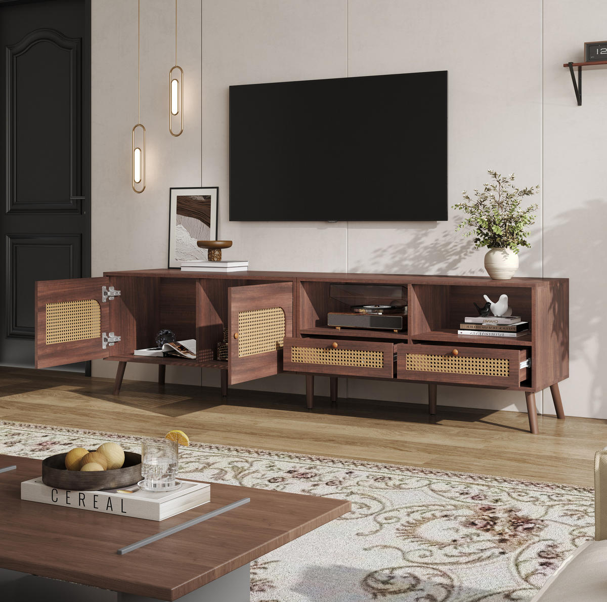 TV ormarić od iverice 200x37x49,5 cm smeđa s vratima od ratana, 2 ladice i 8 nogu - smeđa, drvni materijal (200/49.5/37cm) - Modfu