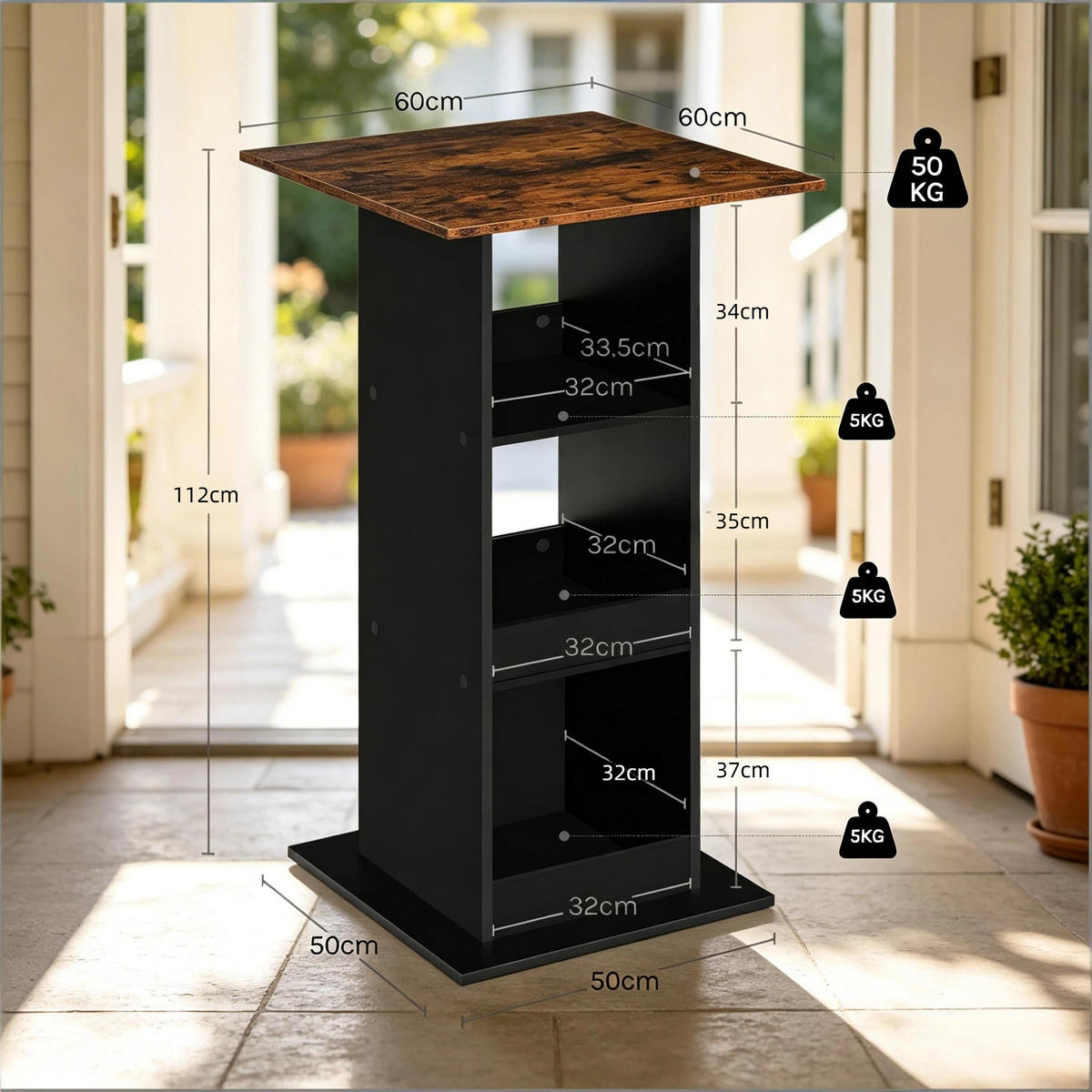 BARTISCH DE-37227 quadratisch mit 3 Fächern Rustikales Braun - Schwarz, Holzwerkstoff (60/60/109cm) - ComfortXL