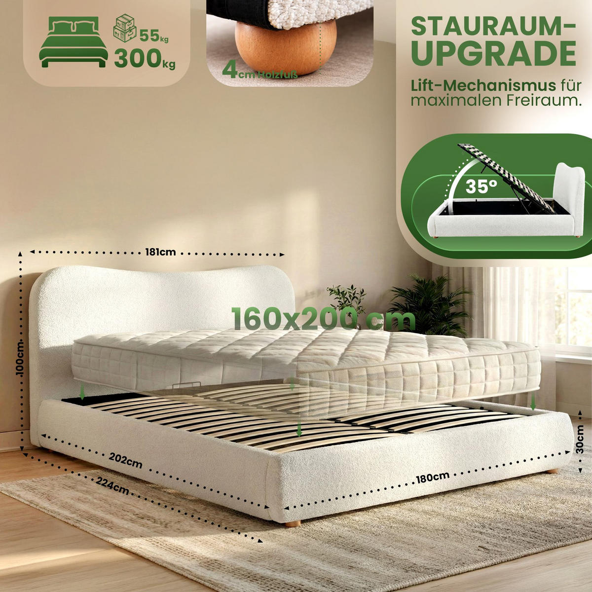 POLSTERBETT 160 cm/200 cm cm Stoff Creme - Creme, Textil (181/224cm) - CLP