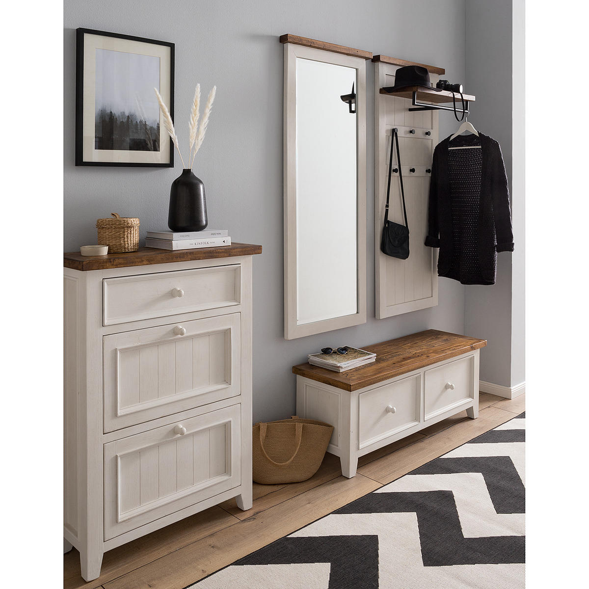 GARDEROBENBANK mit Schubladen - Kiefer massiv - Kiefer / Weiß - Weiß, Holz (120/45/40cm) - home24