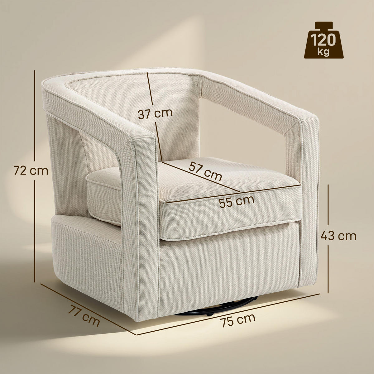 SESSEL Wohnzimmer drehbar Loungesessel mit einteilig Rückenlehne und Armlehnen - Beige/Schwarz, Textil/Metall (75/72/77cm) - HOMCOM