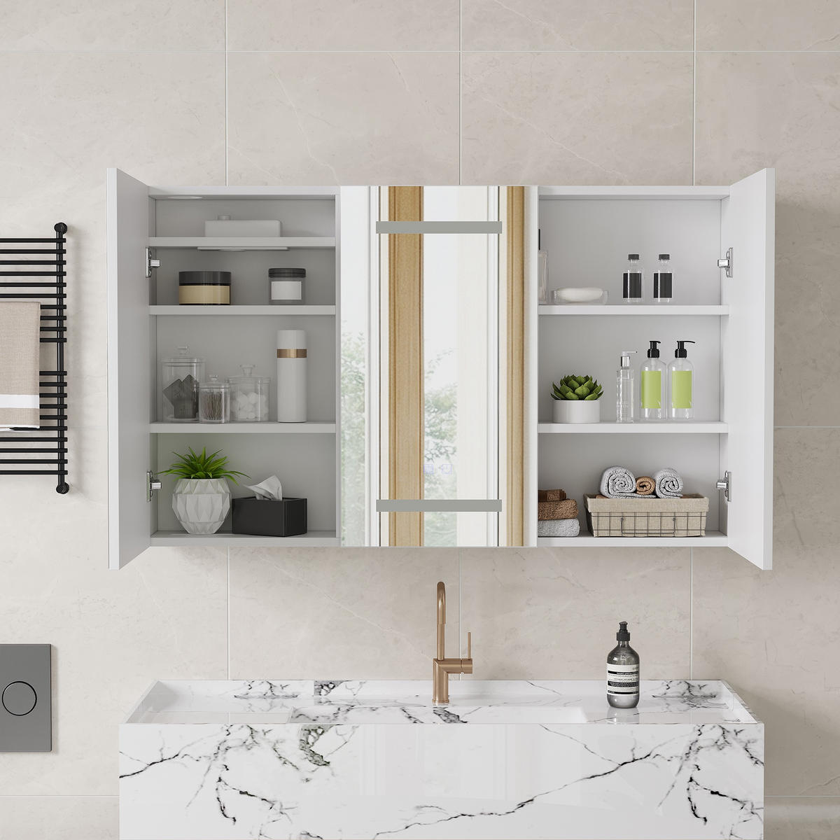 SPIEGELSCHRANK, Wandbadezimmerschrank mit LED-Spiegel, 60 x 100 cm, 3 Türen, integrierte Steckdose und USB-Anschlüsse - Weiß, Glas (60/100.4/13.5cm) - Waldena