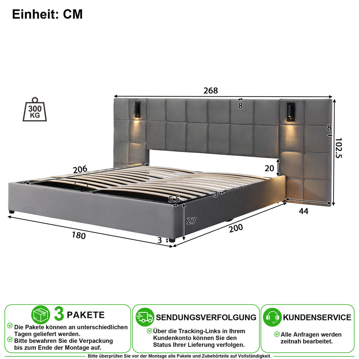 POLSTERBETT 180/200 cm in Grau Samt mit Bettkasten, Leselampe und USB - Grau, Holzwerkstoff/Textil (180/200cm) - CHICFURN