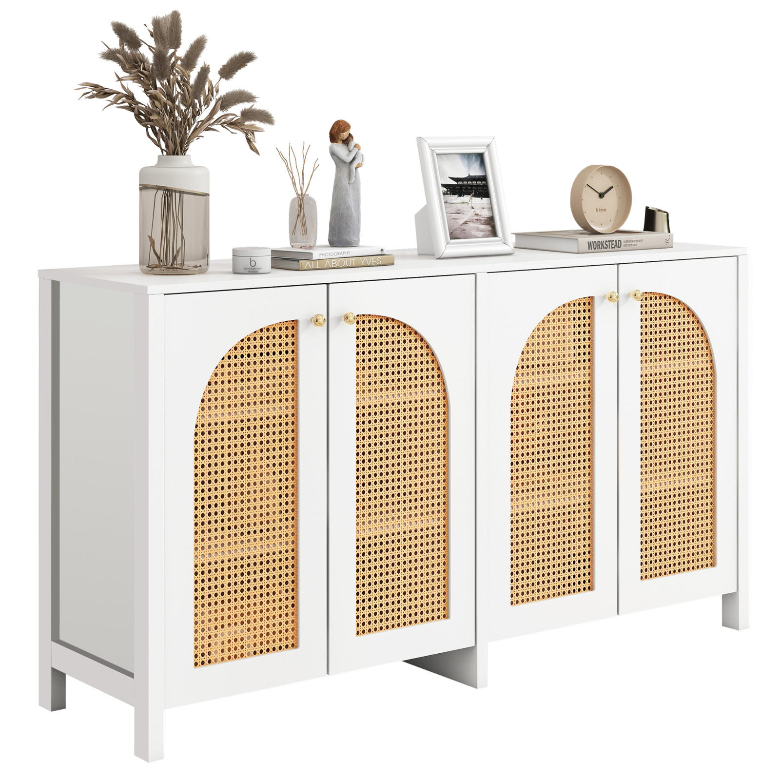 SIDEBOARD 145x40x80 cm, 4 Türen, Rattanoptik, Weiß - Weiß, Holz (145/80/40cm)