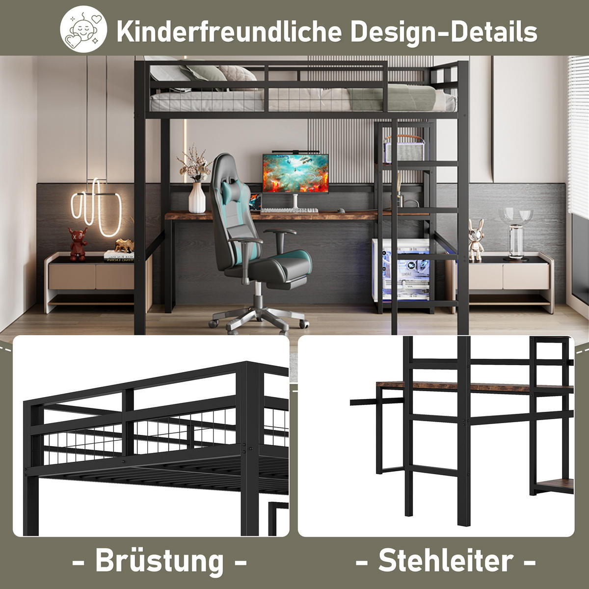 HOCHBETT 140/200 cm Schwarz mit Schreibtisch und USB-Anschluss - Schwarz, Metall (140/200cm) - OKWISH