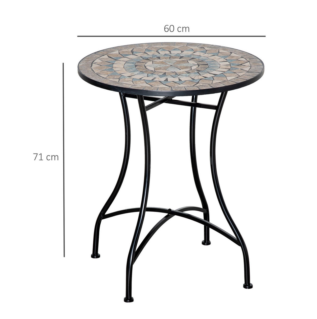 GARTENTISCH Ø60x71 cm Schwarze mit Mosaikplatte & Metallgestell - Naturfarben, Keramik (60/60/71cm) - Modfu