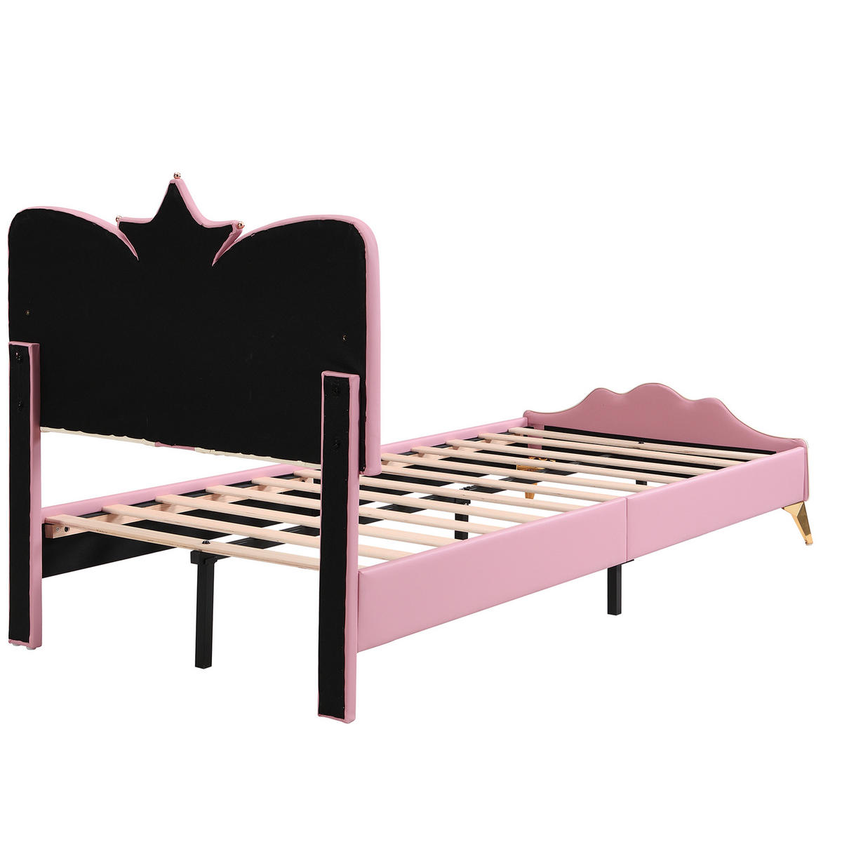 KINDER Polsterbett 90x200 mit Kronen Kopfteil, Einzelbett für Mädchen, gepolstertes Bett fürs Kinderzimmer, rosa-weiß - Rosa, Kunststoff (90/200cm) - Luhomfu