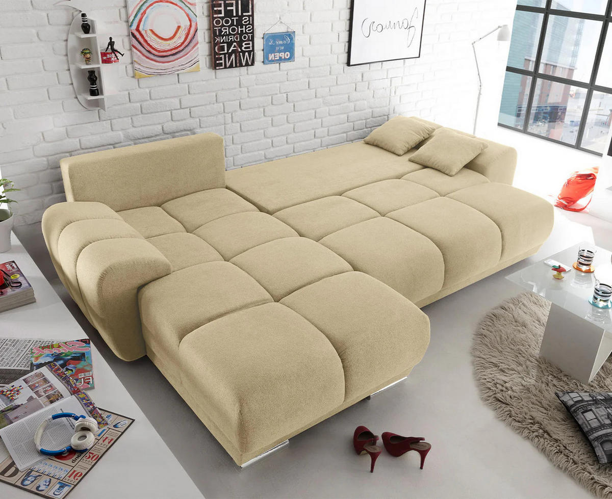 ECKSOFA beidseitig montierbar, Schlaffunktion mit Bettkasten - Chromfarben/Beige, Textil (289/189cm) - ed exciting design