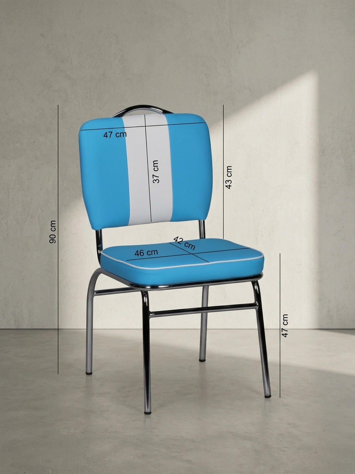 ESSZIMMERSTUHL Kunstleder mit Metallgestell Retro 50er Jahre gepolstert, Blau 47x45x90 cm - Blau/Silberfarben, Kunststoff/Textil (47/90/45cm) - KADIMA DESIGN
