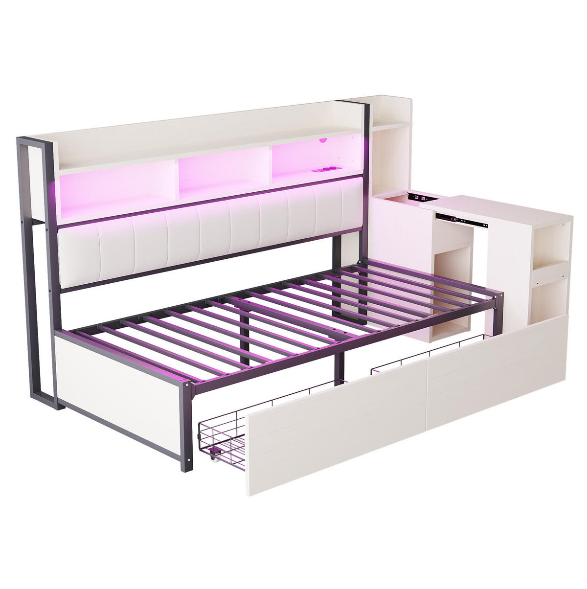 BETT 90/200 cm in Weiß mit Schreibtisch, Stauraum und Steckdosen - Weiß, Metall (90/200cm) - Flora Grace