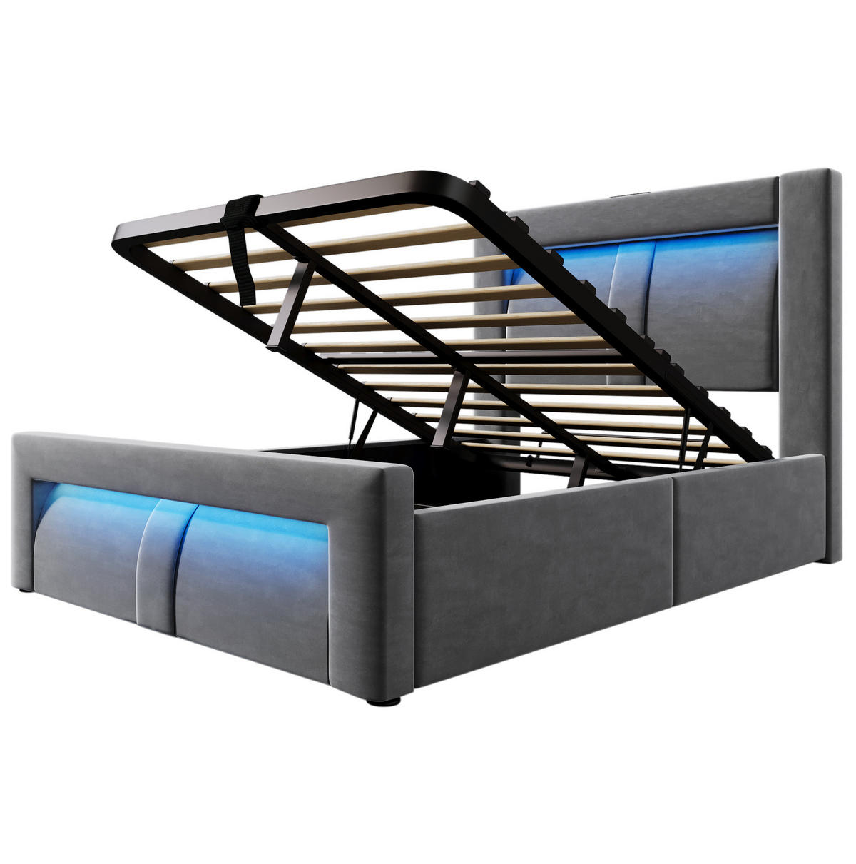 SAMT-POLSTERBETT 90/200 cm mit Bettkasten, LED-Beleuchtung und gepolstertem Kopfteil - Grau, Textil (90/200cm) - BEAOK