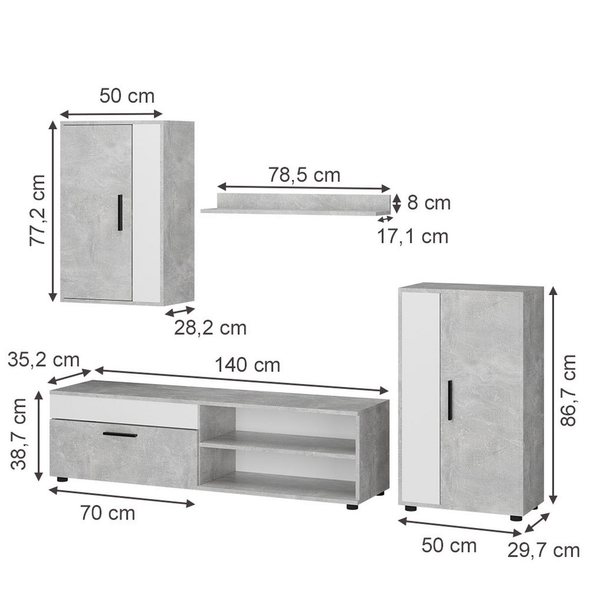 WOHNWAND Berno Beton 4er Set - Weiß/Grau, Holzwerkstoff (140/38.7/35.2cm) - Vicco