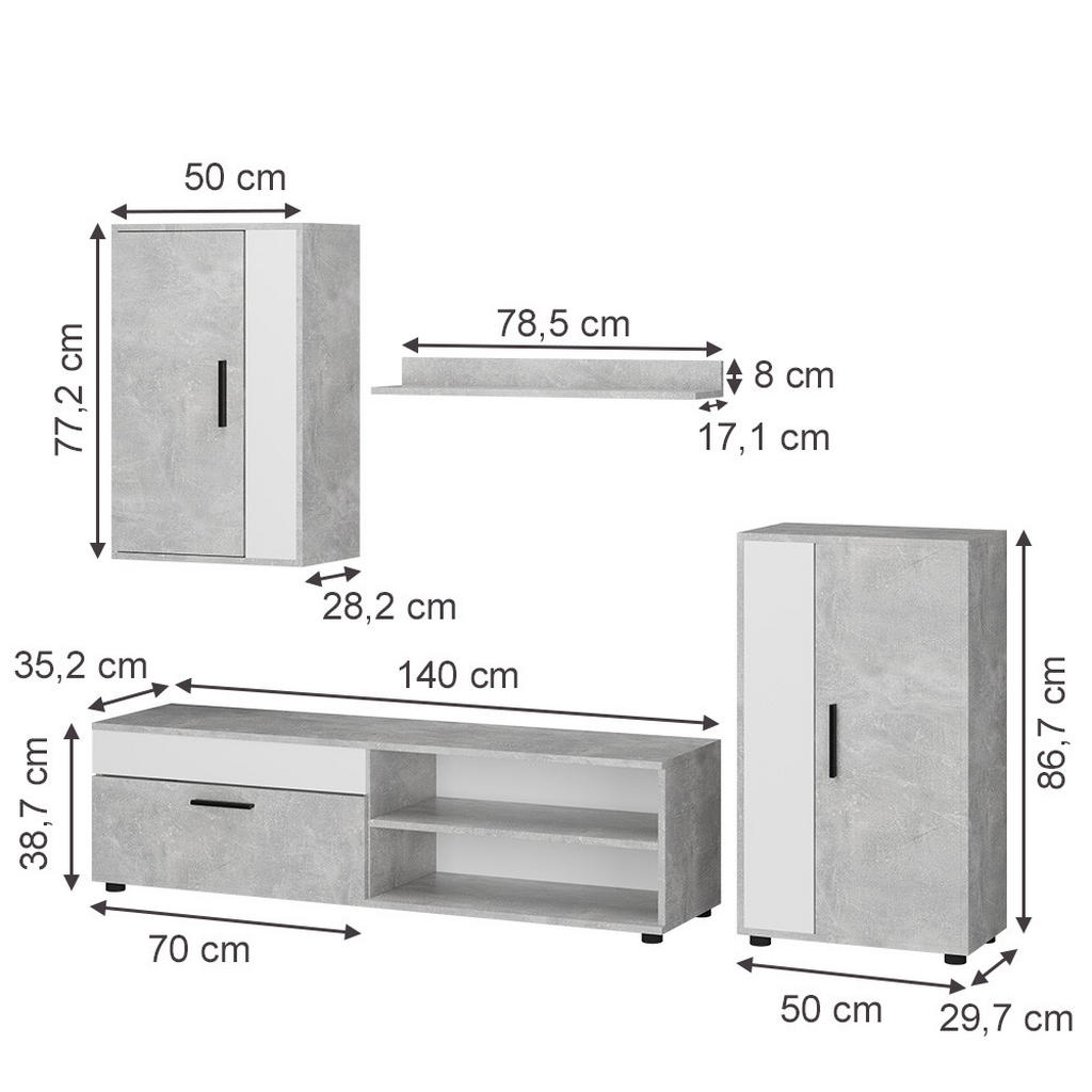Thumbnail - Vicco Wohnwand, Grau, Weiß, Holzwerkstoff, Rechteckig, 140x38.7x35.2 cm, Wohnzimmer, Wohnwände, Anbauwände