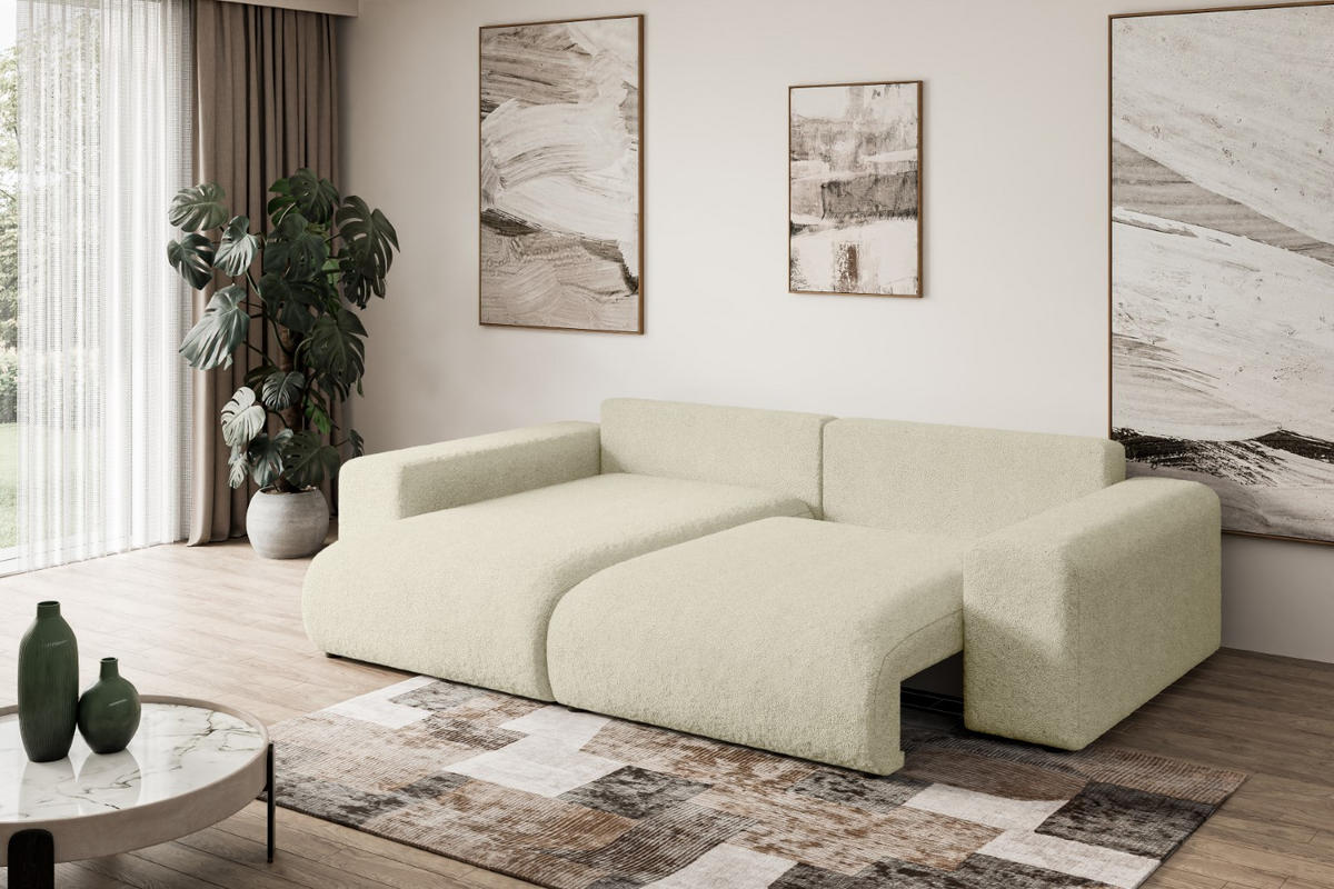 ECKSOFA mit Schlaffunktion und Bettkasten ESKAR-L 256x165x84cm Beige Bouclé - Beige/Schwarz, Holzwerkstoff/Kunststoff (165/256cm) - ALTDECOR