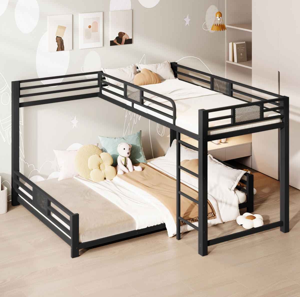 ETAGENBETT 90/200 über 140/200 cm aus Metall in Schwarz, L-Form - Schwarz, Metall (140/200cm) - Flora Grace