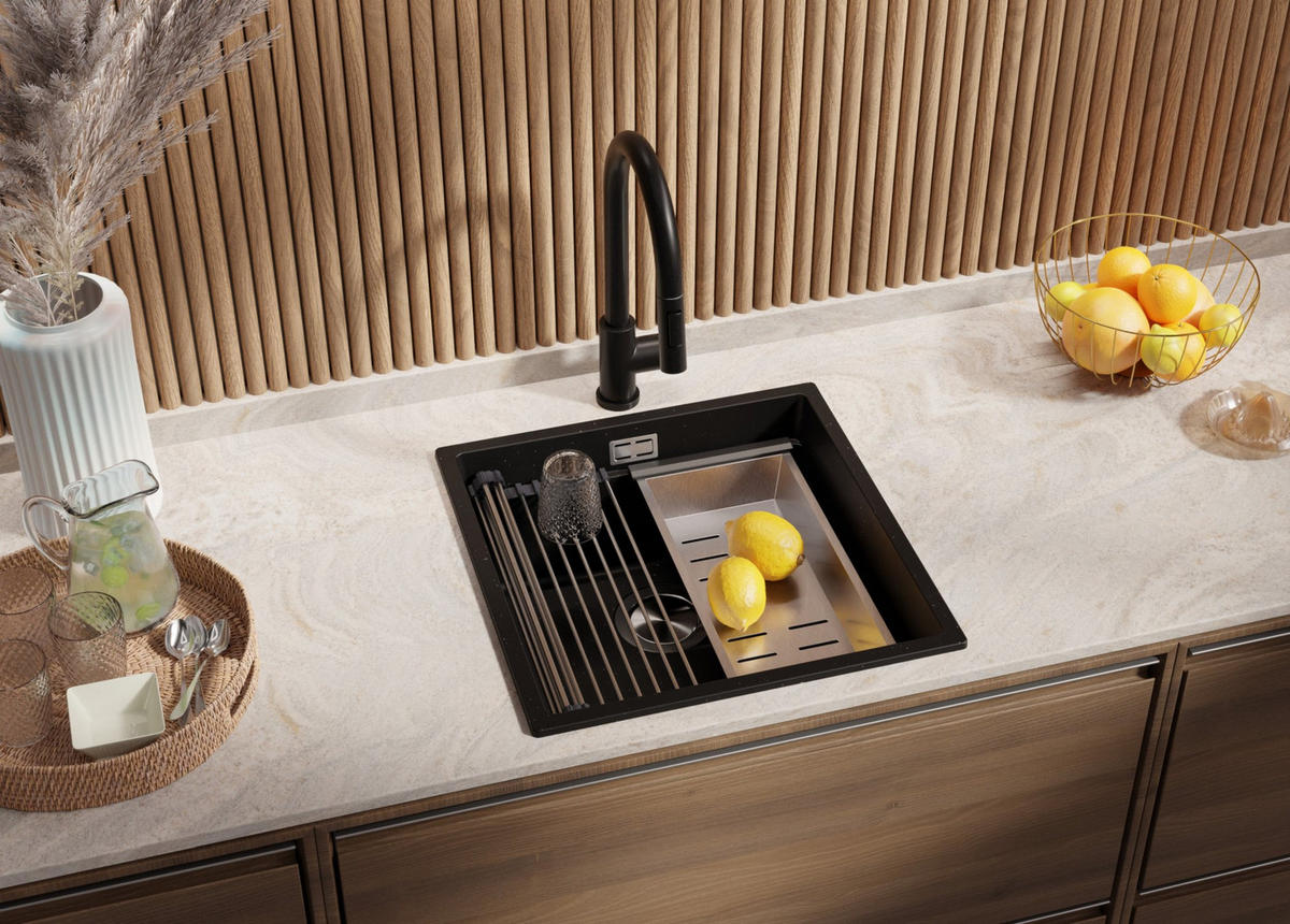 SPÜLBECKEN Praga Slim, 2-er set Schwarz Metallic 46/47 cm 1 Becken + Ablauf-Set + Aufrollbare Abtropffläche ab 50er Unterschrank - Chromfarben/Schwarz Hochglanz, Kunststoff (46/20/47cm) - Primagran