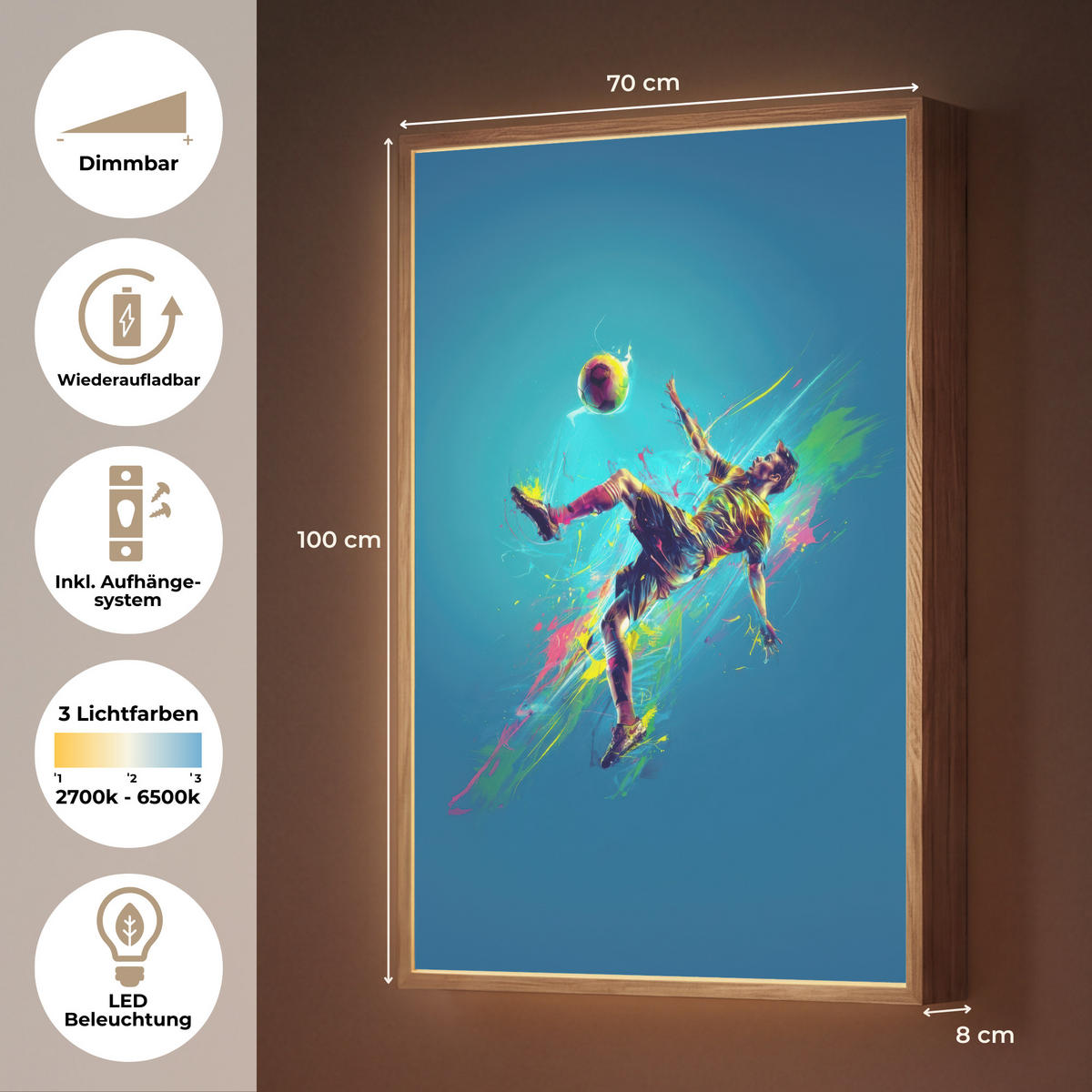 NÁSTĚNNÁ LAMPA S AKUMULÁTOREM Fotbalista - Stříkající barva - Barevné - Míč 70x100 cm - modrá, kompozitní dřevo (70/100/8cm) - OnlyWow