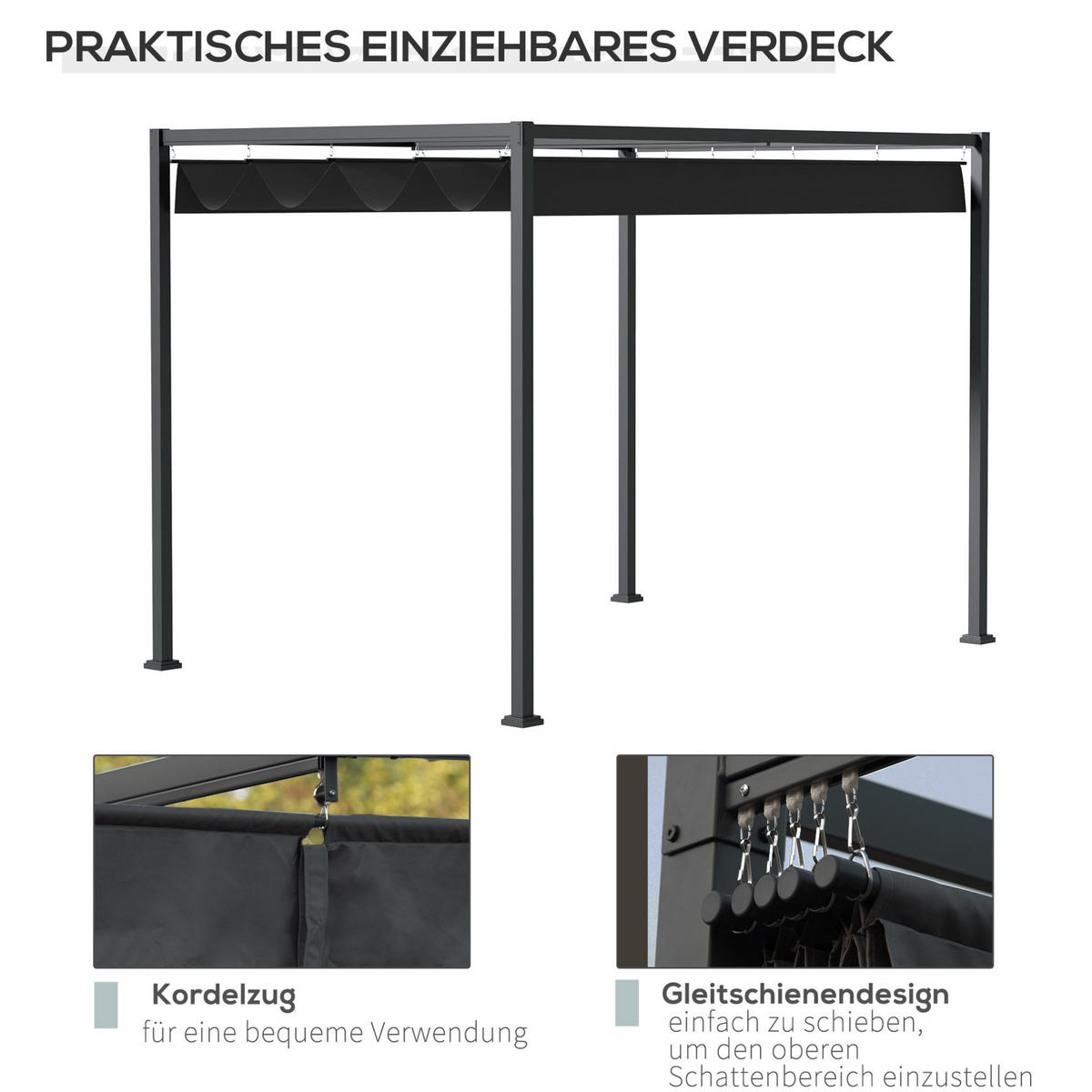 ZAHRADNÍ pergola 298/213/221 cm s posuvnou střechou a UV ochranou, Černá - černá, kov (298/221/213cm) - Redom