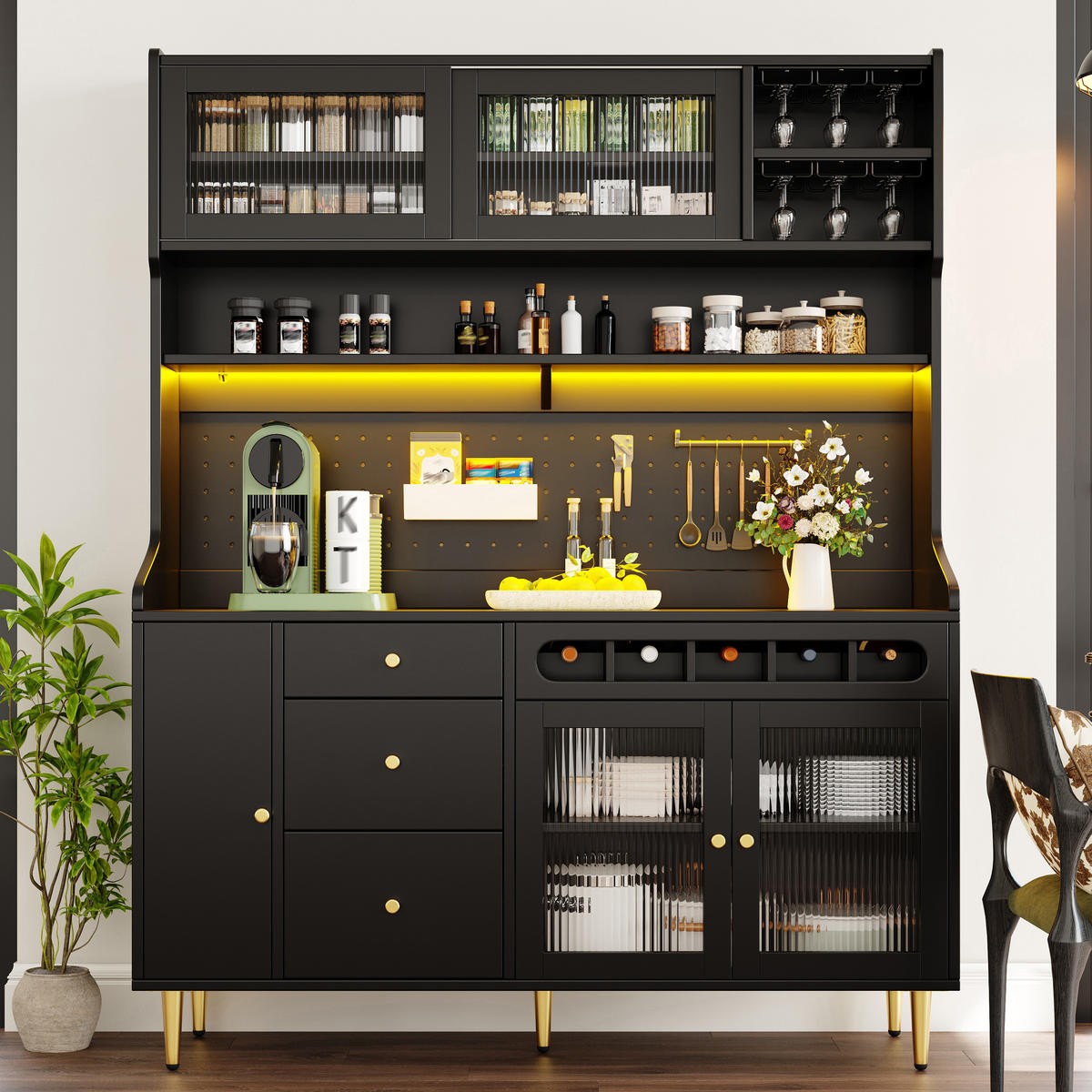 KÜCHENSCHRANK in Schwarz mit LED, verstellbaren Böden, Schublade und Weinregal für Esszimmer,B145/T39/H171cm - Goldfarben/Schwarz, Glas/Holzwerkstoff (145/171/39cm) - STILVORA